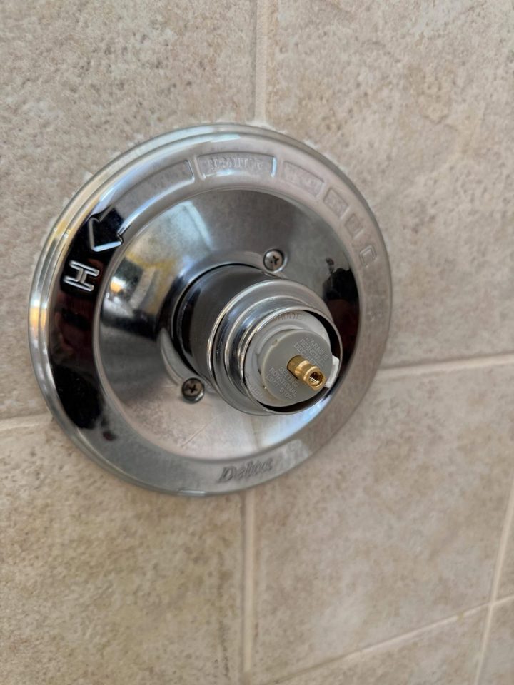 After: new Delta shower trim on beige tile