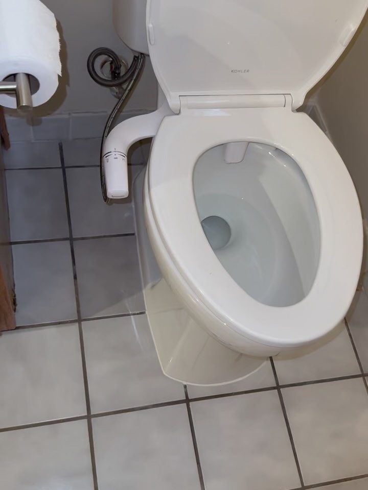 After: new Kohler Elliston chair-height toilet with bidet seat